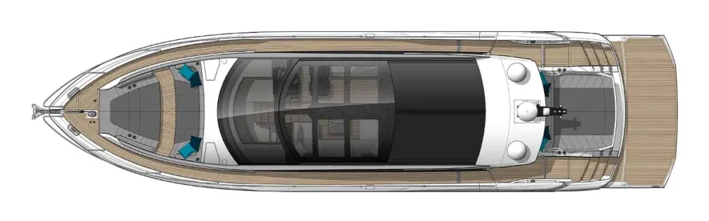 Top-down view of a luxury motor yacht showing a glass-covered deck and teak decking, with seating areas forward and an open aft deck.