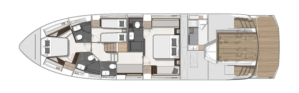 Top-down floor plan of a luxury motor yacht interior, showing a master suite, two guest staterooms, multiple bathrooms, a galley, and a spacious aft deck.