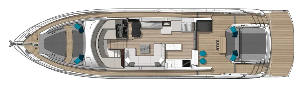 Top-down floor plan of a luxury motor yacht showing forward seating area and sunpad, a central helm and curved salon with seating, a galley and dining area midship, and an aft deck with outdoor seating and a dining table