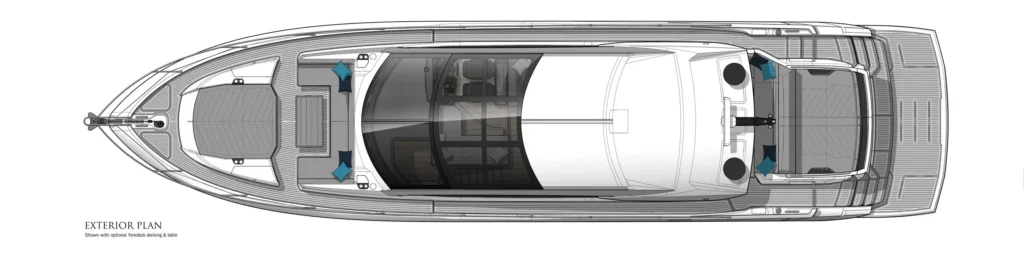 Top-down exterior plan of a luxury yacht showing foredeck seating, a central cabin area with a glass roof, and an open aft deck