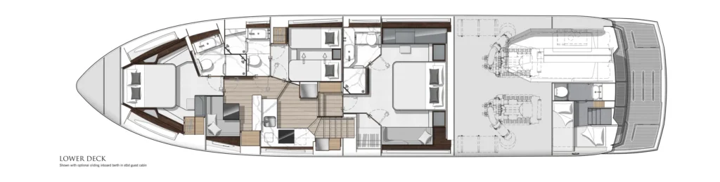Top-down layout of a luxury yacht's lower deck showing cabins, bathrooms, lounge, and stair access.