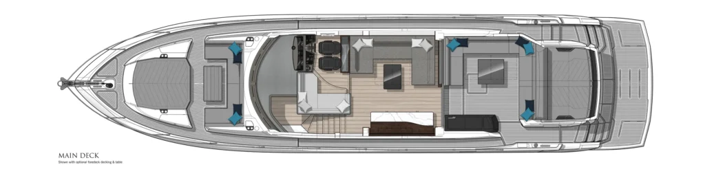 Top-down layout of a motor yacht's main deck, showing helm, lounge seating, dining area, cabin, and aft deck space won by stairs and entrys.