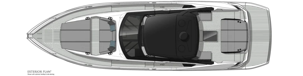 Top-down exterior plan of a motor yacht showing cockpit seating, helm area, and aft sun deck; optional hardtop and side decking.