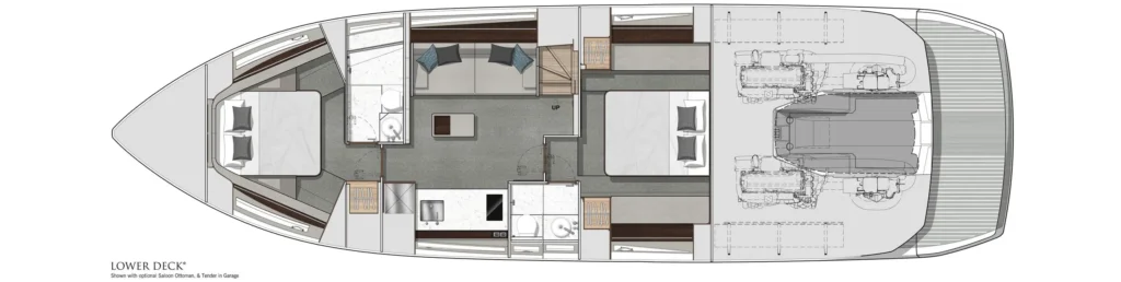 Top-down floor plan of a yacht's lower deck showing two sleeping areas (cabins), a central lounge, galley/kitchen, two bathrooms, and an engine room toward the stern.