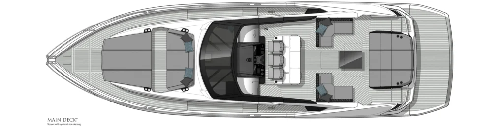 Top-down layout of a luxury yacht's main deck showing the helm, indoor seating, and aft outdoor lounge.