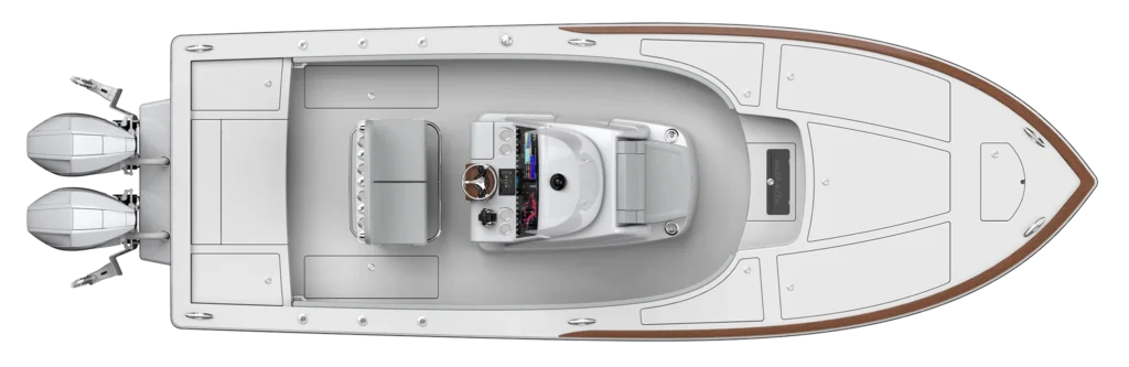Top-down view of a luxury motor yacht cockpit with the helm station and control panel visible.