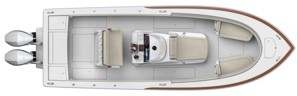 Top-down view of a luxury motorboat interior with twin stern motors, helm station, beige seating, and deck storage compartments
