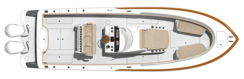 Top-down view of a luxury motorboat interior featuring beige seating, a central helm, and deck storage compartments. A twin-engine stern is visible at the rear.
