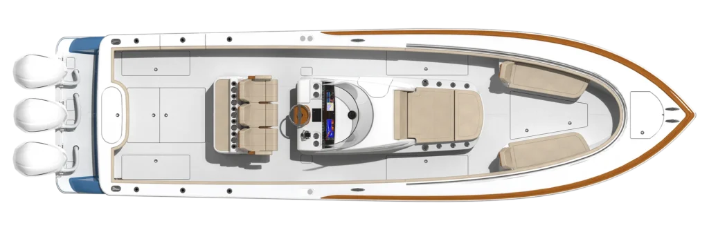 Top-down view of a luxury motorboat showing the cockpit with steering wheel, screens, beige seating, and bow area with cushions; dual outboard engines at the stern.