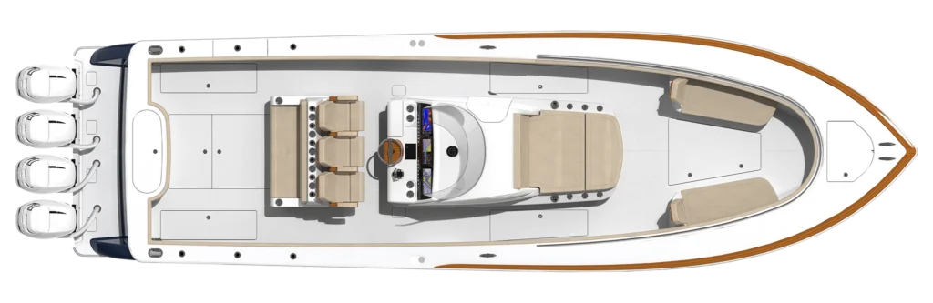 Top-down view of a luxury motorboat with four stern engines, open aft deck, and central helm area.