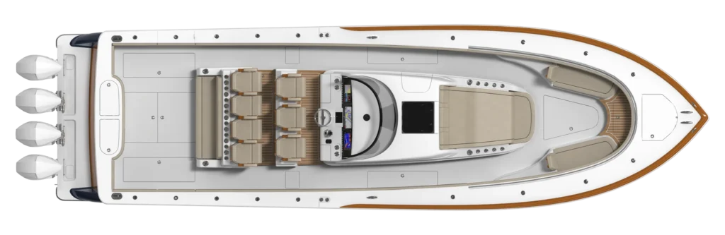 Top-down view of a luxury motor yacht deck, showing seating, helm, and aft lounge layout.