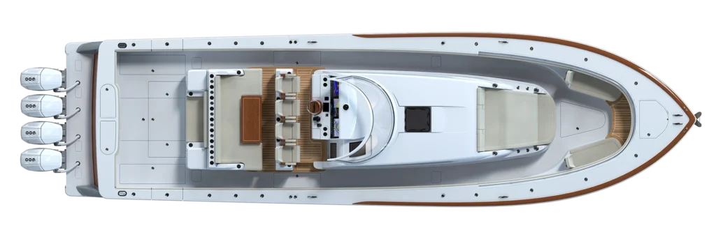 Top-down view of a luxury motor yacht deck showing seating areas, dining table, and helm station with sunbathing lounges fore and aft.