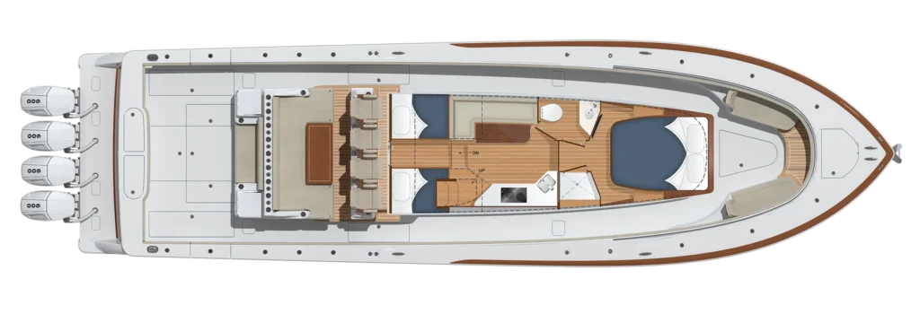 Top-down layout of a luxury motor yacht, showing multiple cabins, a galley, seating areas, and outdoor decks.