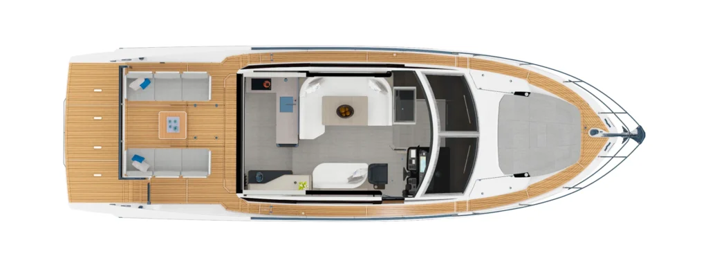 Top-down view of a luxury yacht layout: aft outdoor lounge area, mid living/dining space, galley and helm, and forward deck.