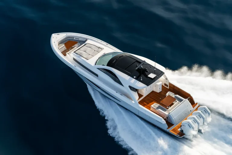 Top-down view of a white luxury motorboat speeding across dark blue water, leaving a wake behind.