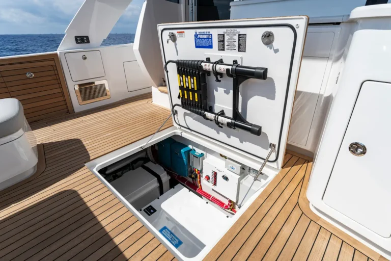 Open hatch on a luxury yacht showing electrical control panel and battery storage beneath a teak deck area by the railing and seating.