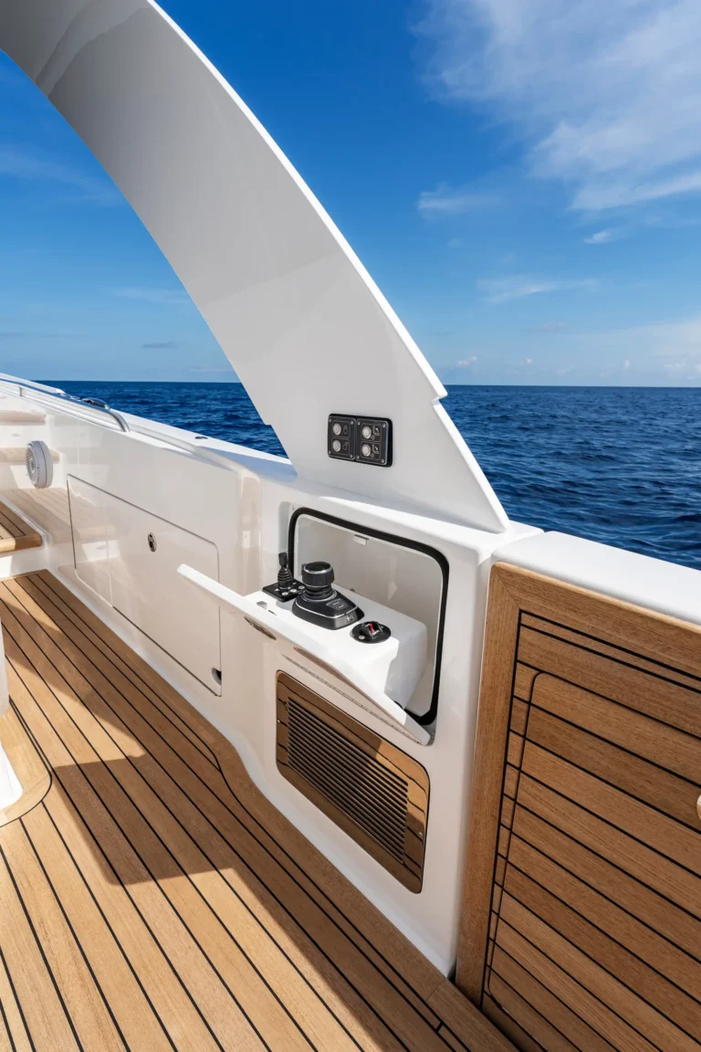 Open yacht cockpit with teak decking, white hull, and helm controls set against a blue ocean and clear sky.