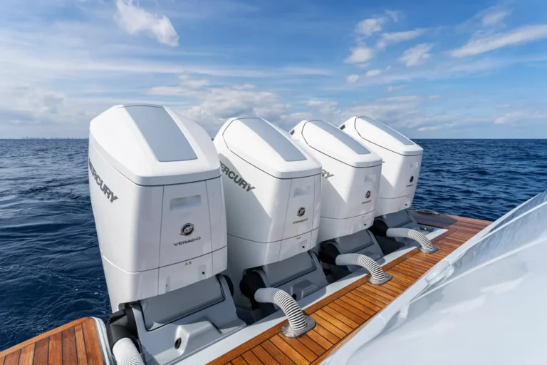 Row of white Mercury Verado outboard engines mounted on a boat, with blue ocean and sky in the background.