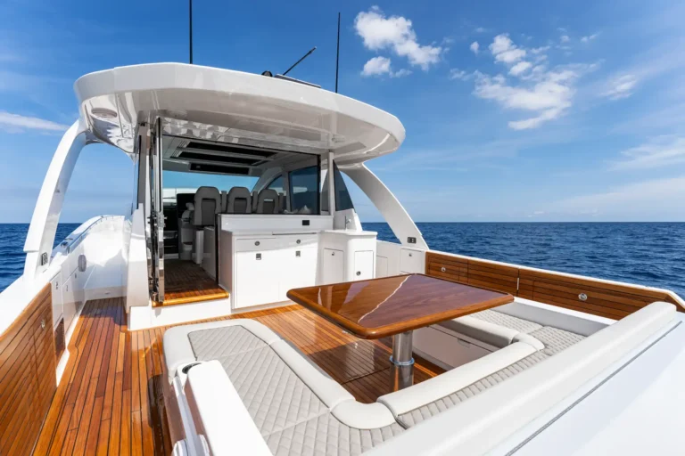 White luxury yacht deck with polished teak seating area and a wooden table overlooking the blue sea and sky.