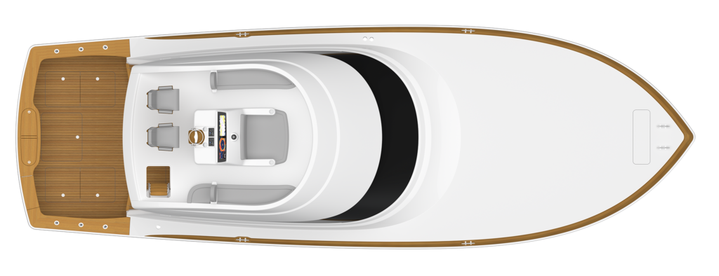 Top-down view of a luxury yacht showing a teak aft deck, open cockpit seating, and a white helm area with controls and screen. Aerial layout of a motor yacht’s upper deck with wooden decking, passenger seating, and a central control console. Overhead view of a yacht interior: spacious cockpit, white cabin, and wood-trimmed sun deck surrounding a seating area. Plan-style top view of a yacht’s aft cockpit and forward deck with teak wood flooring and a central helm station. White hull yacht with wood trim, bow deck, and an open central seating area around the helm console.