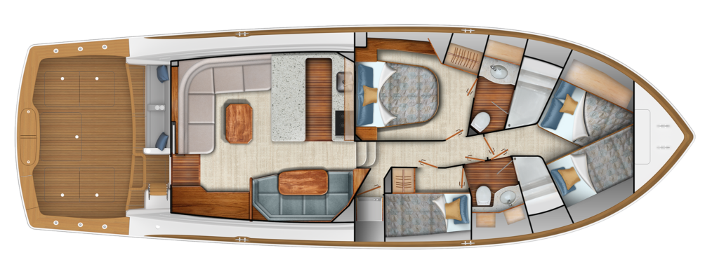 Top-down layout of a luxury motor yacht interior, showing deck, lounge, galley, and sleeping quarters across multiple cabins.