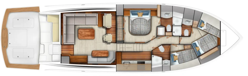 Top-down schematic of a luxury yacht interior: aft deck lounge, main salon with seating and dining table, central galley, midship master suite, two guest cabins, and forward heads/ bathrooms in a plan view.