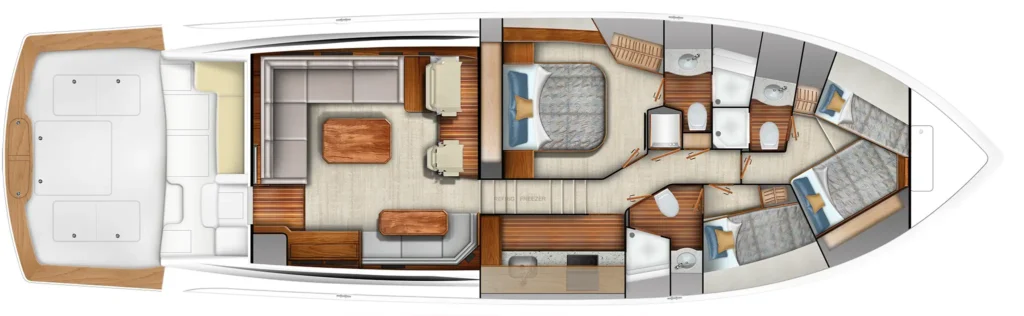 Top-down floor plan of a luxury motor yacht interior: aft deck seating, main salon with sofa and dinette, galley, and multiple cabins forward.