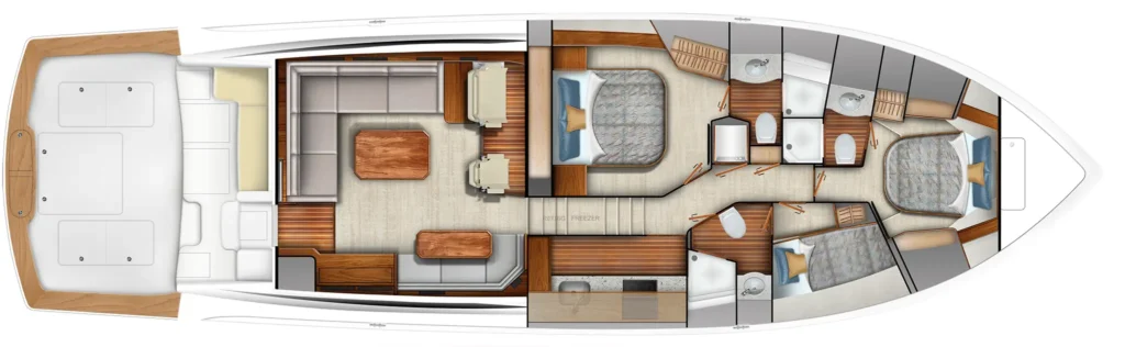 Top-down floor plan of a luxury motor yacht showing aft seating, living area, galley, two staterooms and two bathrooms.