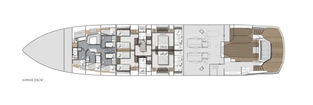 Lower deck layout of a luxury yacht showing multiple staterooms, bathrooms, and passageways.