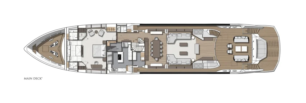 Top-down layout of a luxury yacht's main deck showing forward cabin, living and dining areas, galley, stairs, and aft outdoor lounge.