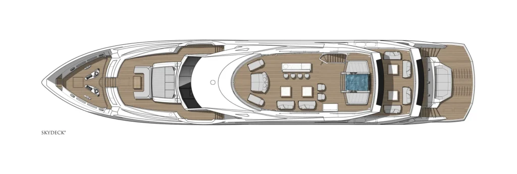 Top-down schematic of a luxury yacht skydeck, showing outdoor lounge seating, a dining area, and sun deck at the rear.”,