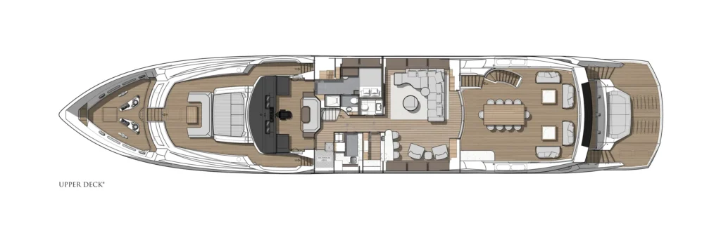 Top-down plan of a luxury motor yacht's upper deck, showing forward sun deck, helm, indoor lounge, dining area, and rear seating areas.