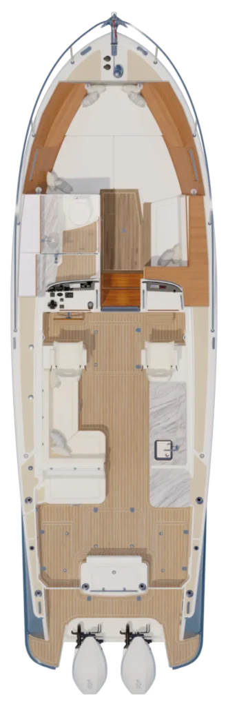 Top-down layout of a luxury motorboat: teak deck, cockpit seating, helm station, galley, head, and cabin areas, with twin stern outboard motors visible at the rear.
