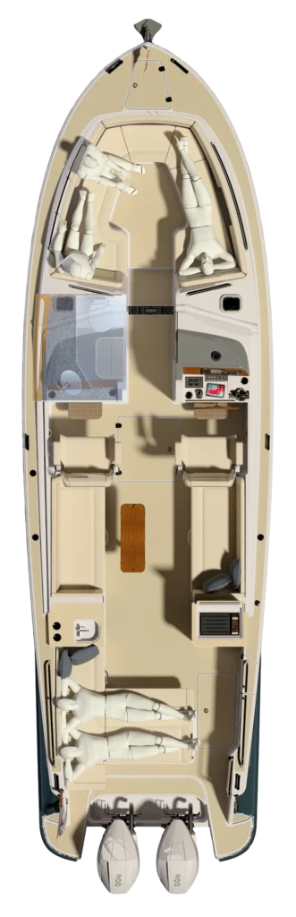 Top-down view of a beige boat interior with multiple dummy mannequins seated and lying, showing sections: cockpit, helm, seating, storage, and two stern engines.