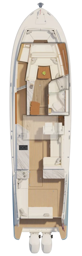 Top-down layout of a luxury motor yacht interior and deck with multiple seating areas and teak flooring, including twin stern motors at the back.