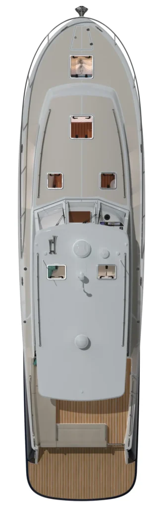 Top-down view of a boat deck with hatches, windows, and a teak aft deck area.