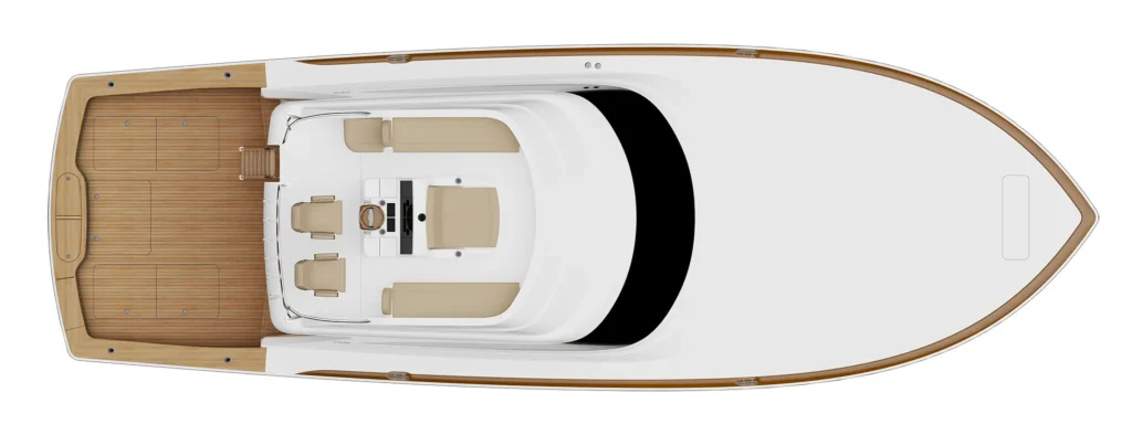Top-down view of a luxury motorboat: teak aft deck, white hull, and beige seating around the helm.