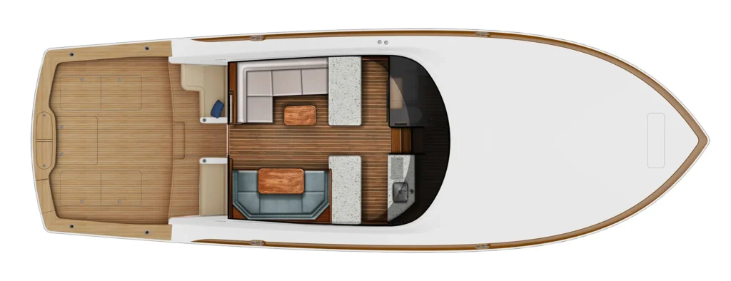 Top-down view of a luxury yacht interior: aft deck with wooden flooring, seating area, and open-plan galley and lounge midship, with the helm toward the bow.