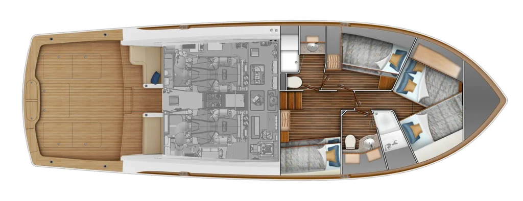 Top-down cutaway of a luxury motor yacht showing the aft deck, engine room area in the center, and forward guest cabins with beds and baths on the right-hand side.