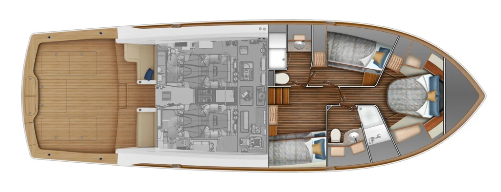 Top-down cutaway diagram of a luxury yacht showing aft teak deck, midsection engine room, and forward cabins with beds and bathrooms; texturing indicates wood and fabric finishes.
