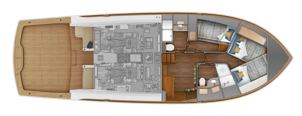 Top-down floor plan of a luxury motor yacht: aft deck open area, engine room, main living/dining area, galley and helm, midship crew/utility spaces, and forward twin/double cabins with beds.