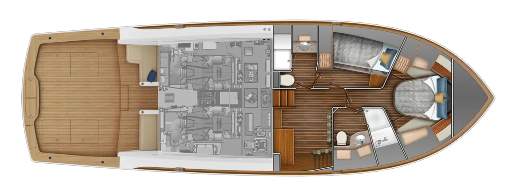 Top-down layout of a luxury yacht showing the aft deck, interior living areas, engine room, and forward cabins.