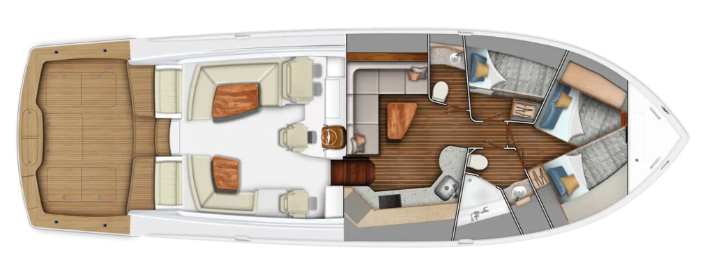 Top-down layout of a luxury yacht showing outdoor deck, crew/guest seating, and multiple cabins forward and aft.