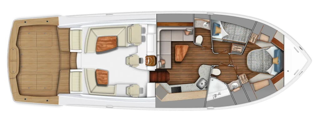 Top-down cutaway of a motor yacht: outdoor aft deck, cockpit seating, dining area, galley, and forward cabins with beds and bathrooms shown in separate sections
