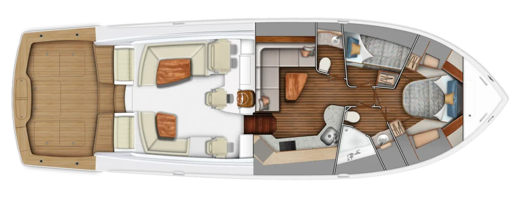 Top-down interior layout of a luxury motor yacht: aft deck, outdoor seating, main salon, galley, and forward cabins with beds and bathrooms