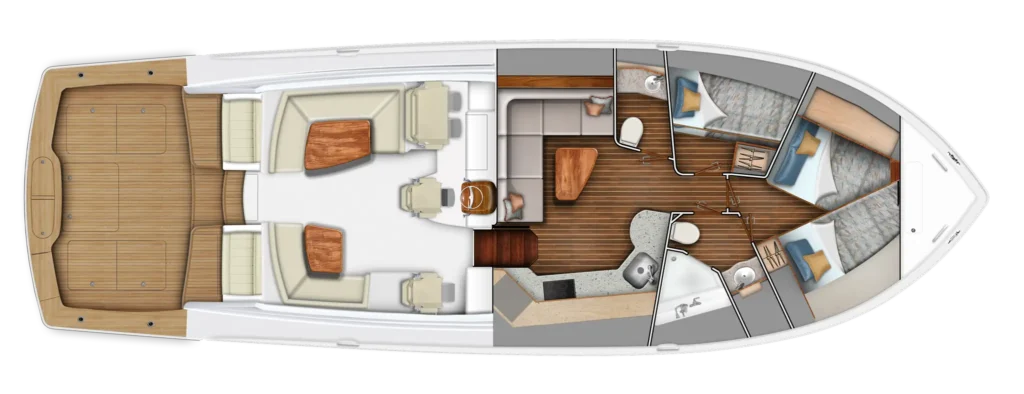 Top-down layout of a motor yacht: aft deck with wooden surface, central lounge and helm, and forward bedrooms with two double beds and a bathroom