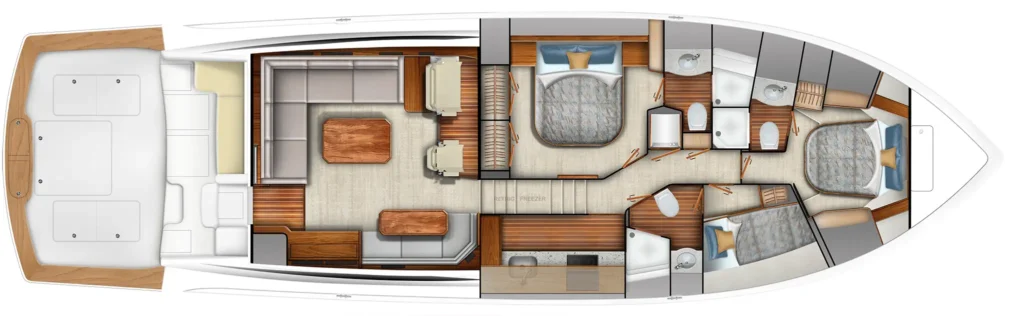 Top-down floor plan of a luxury motor yacht interior, showing the deck, living area, dining table, kitchen, cabins, and bathrooms in a single cutaway layout