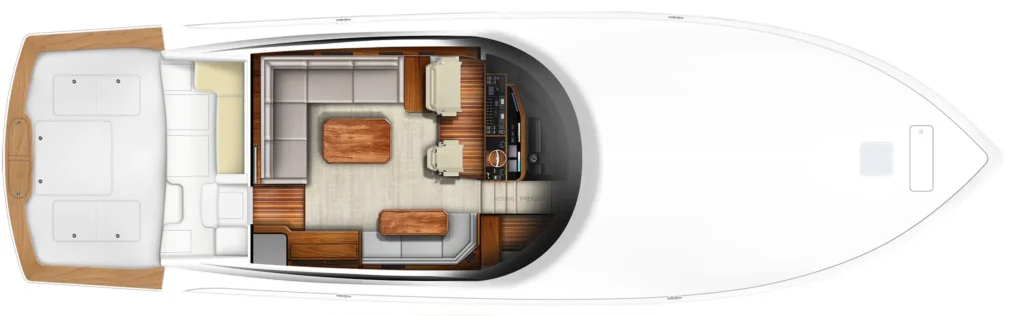 Top-down view of a luxury yacht interior layout showing stern seating area, living salon, galley, helm station, and forward dining space.