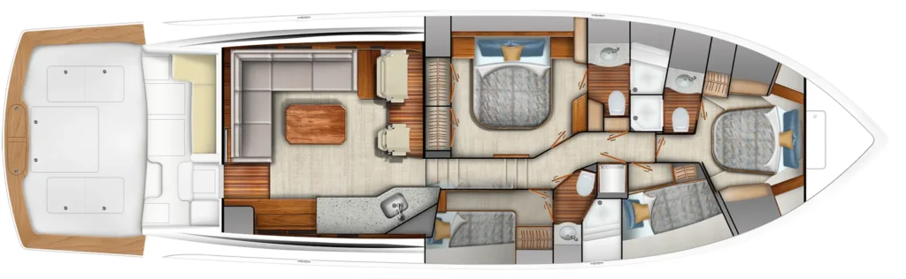 Top-down floor plan of a luxury yacht, showing the stern outdoor area, main salon, galley, 2–3 cabins, and bathrooms along a central corridor.