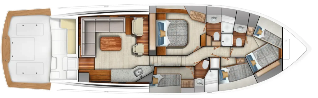 Top-down layout of a luxury motor yacht interior: cockpit, salon, galley, and multiple cabins with heads